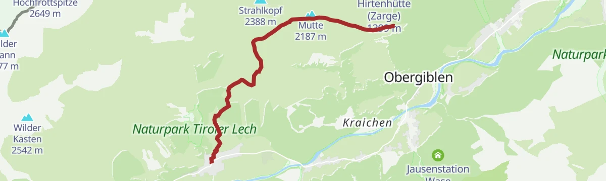 Route map: Holzgau-Windegg-Jöchelspitze-über Panoramaweg zur Bernhardseck Hütte